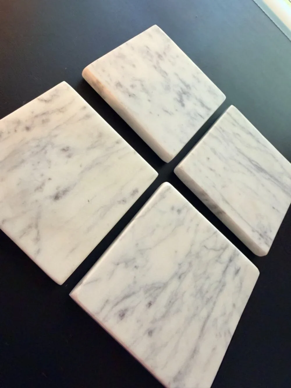 White Carrara Style Marble Square Coasters Set of 4 Gray Veining Padded Feet